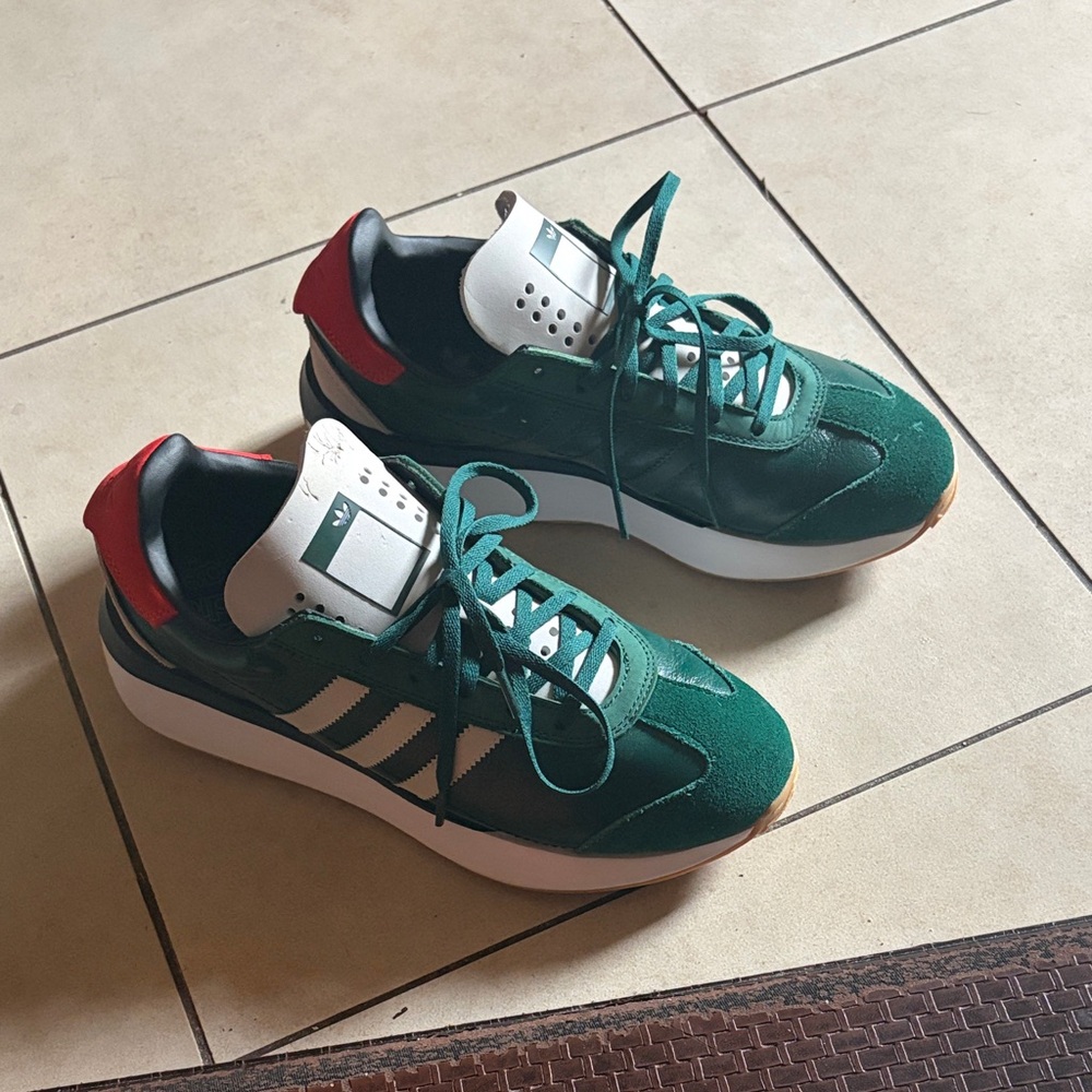 adidas Green Suede Retro Runner with White Stripes and Red Heel